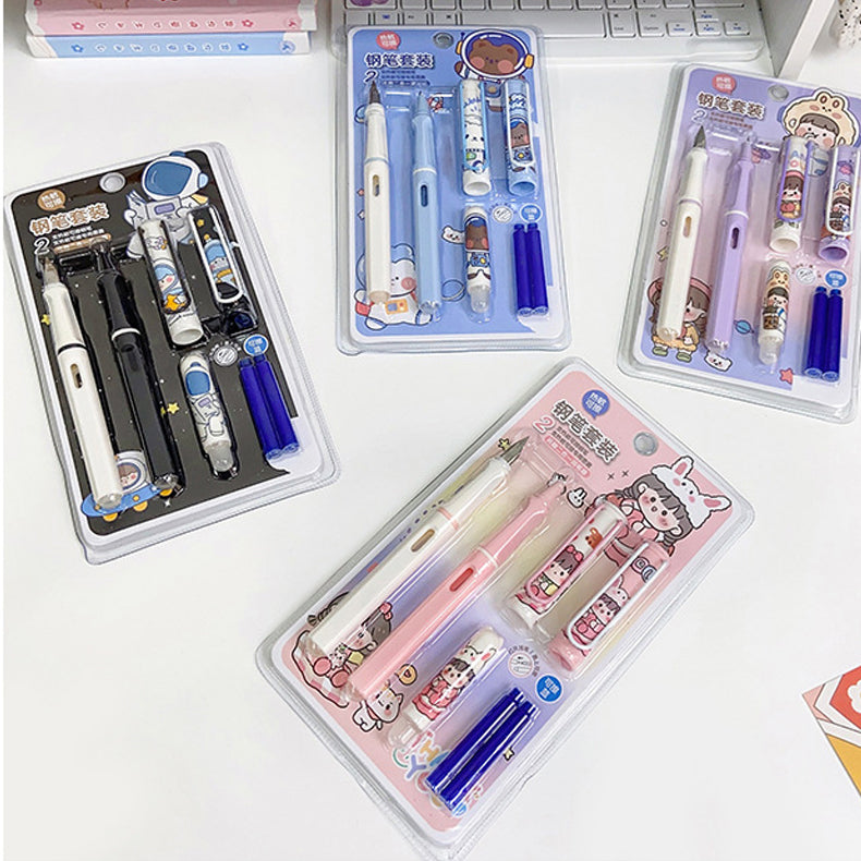 Kawaii Set of 2 Cartoon Printed Cartage Ink Pen Set