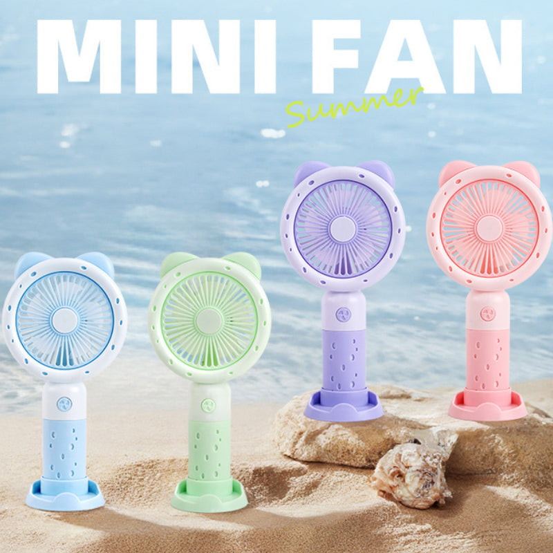 Cute Mini Handheld Fan with Phone Stand – Portable Rechargeable Summer Desk Fan