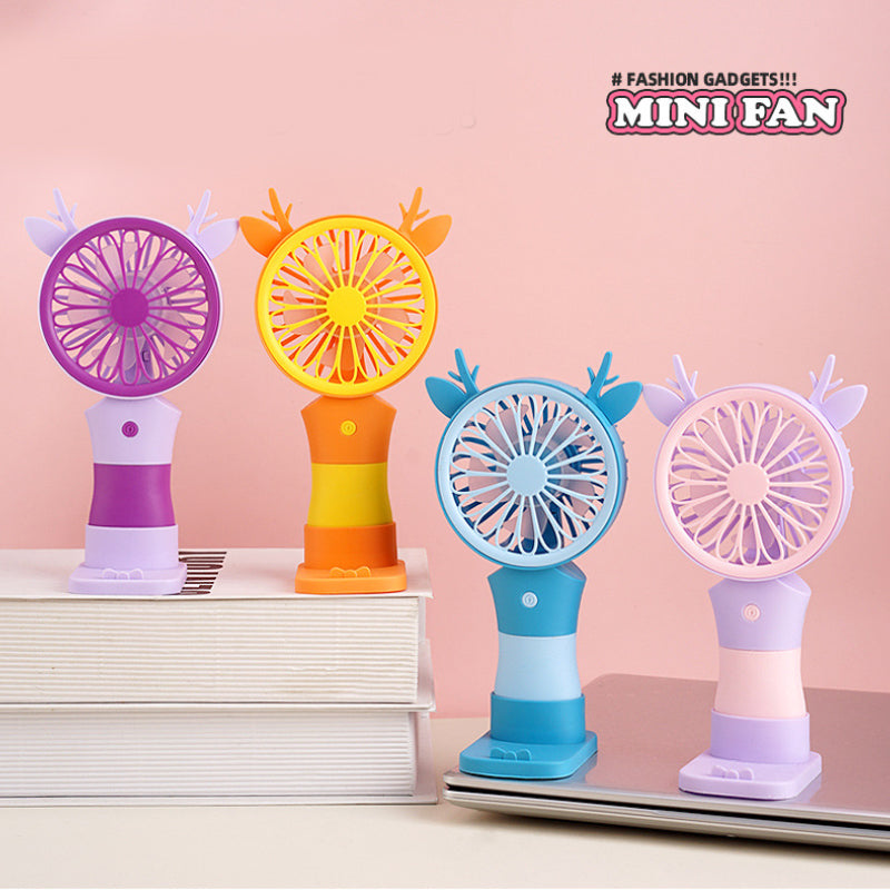 Cute Rechargeable Deer Mini Handheld Fan with Phone Stand – Portable Summer Desk Fan