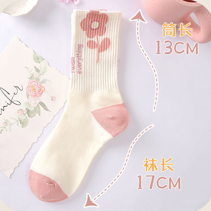 Cute Flower Crew Pink Socks For Girls