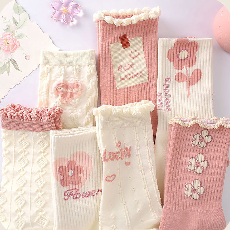 Cute Flower Crew Pink Socks For Girls