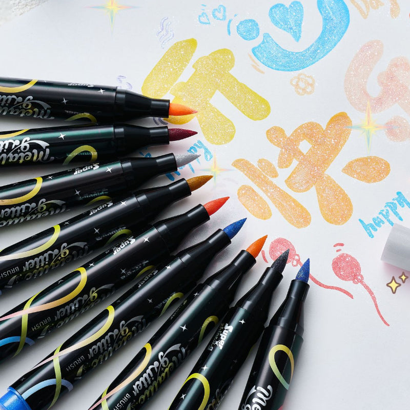 12-Color Metallic Glitter Marker Set – Shimmer Art Pens for Drawing, Lettering & Crafts