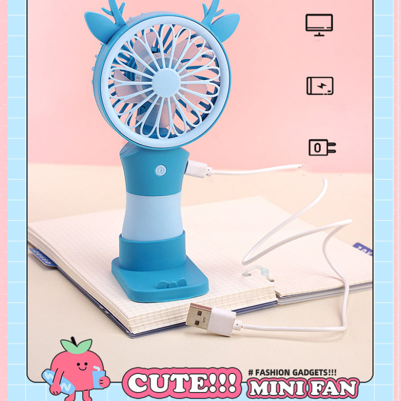 Cute Rechargeable Deer Mini Handheld Fan with Phone Stand – Portable Summer Desk Fan
