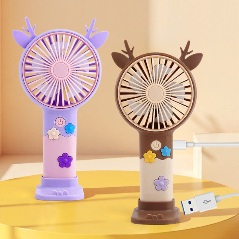 Kawaii Deer Mini Handheld Fan with Phone Stand – Portable Summer Desk Fan