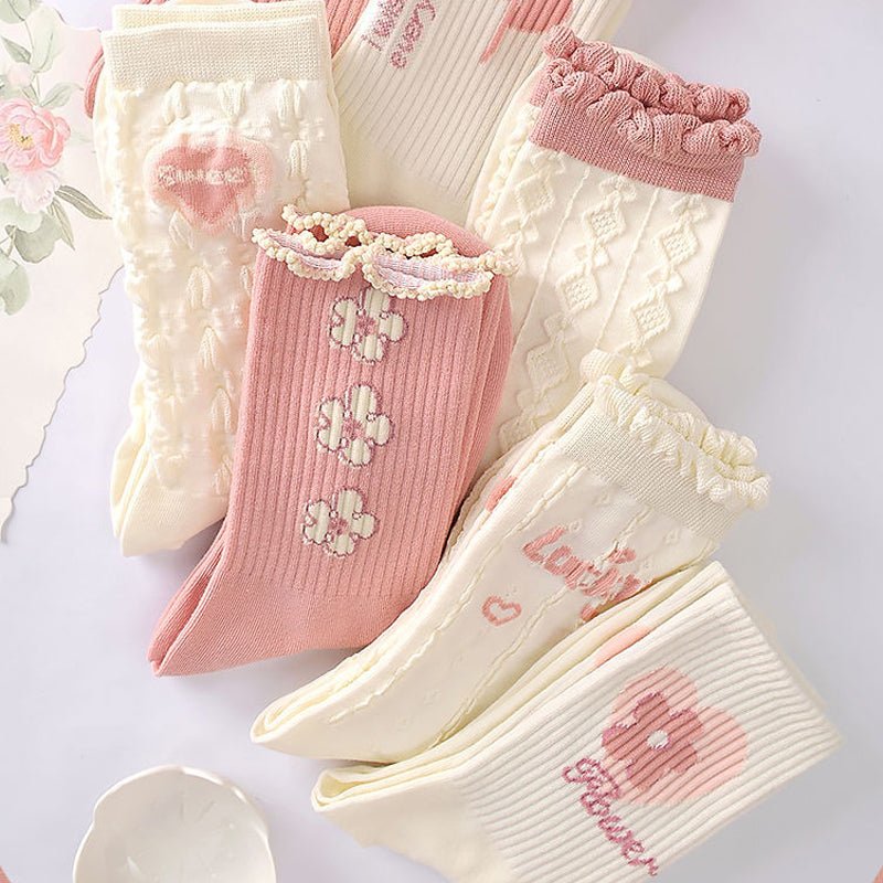 Cute Flower Crew Pink Socks For Girls