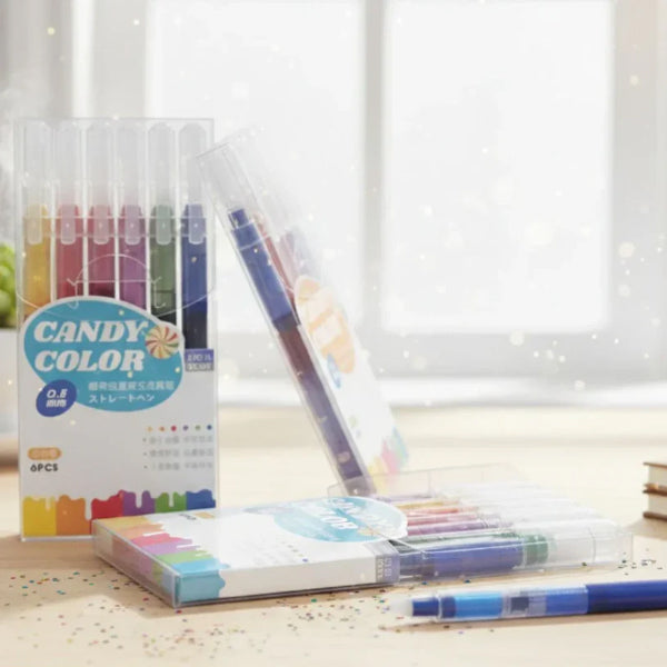 6-Color Candy Color Gel Pen Set – 0.5mm Straight Liquid Ink Pens for School & Journaling