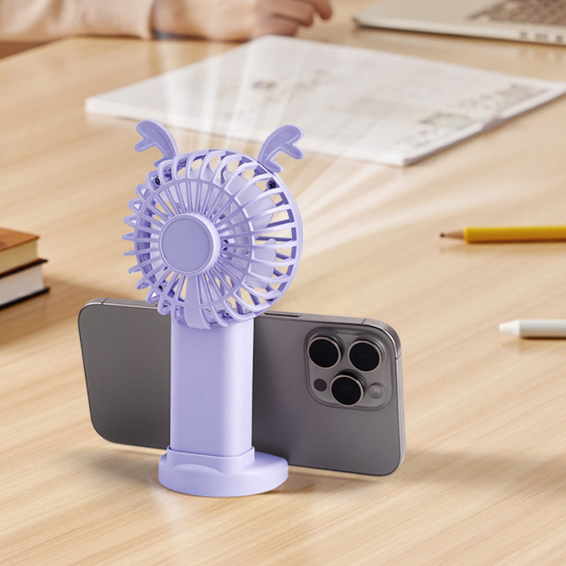 Cute Three-Speed Mini Handheld Fan with Phone Stand – Portable Summer Desk Fan