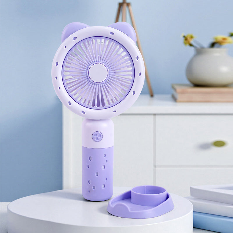 Cute Mini Handheld Fan with Phone Stand – Portable Rechargeable Summer Desk Fan