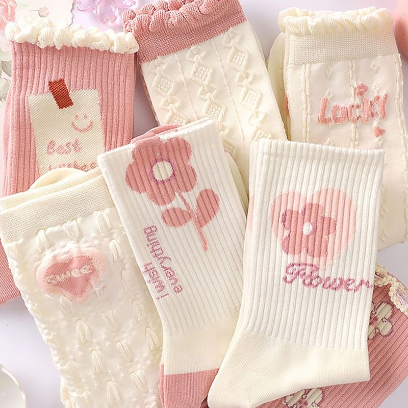 Cute Flower Crew Pink Socks For Girls