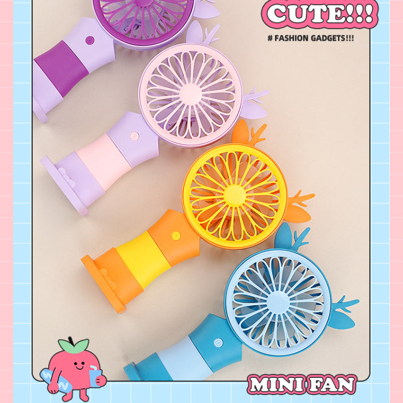 Cute Rechargeable Deer Mini Handheld Fan with Phone Stand – Portable Summer Desk Fan