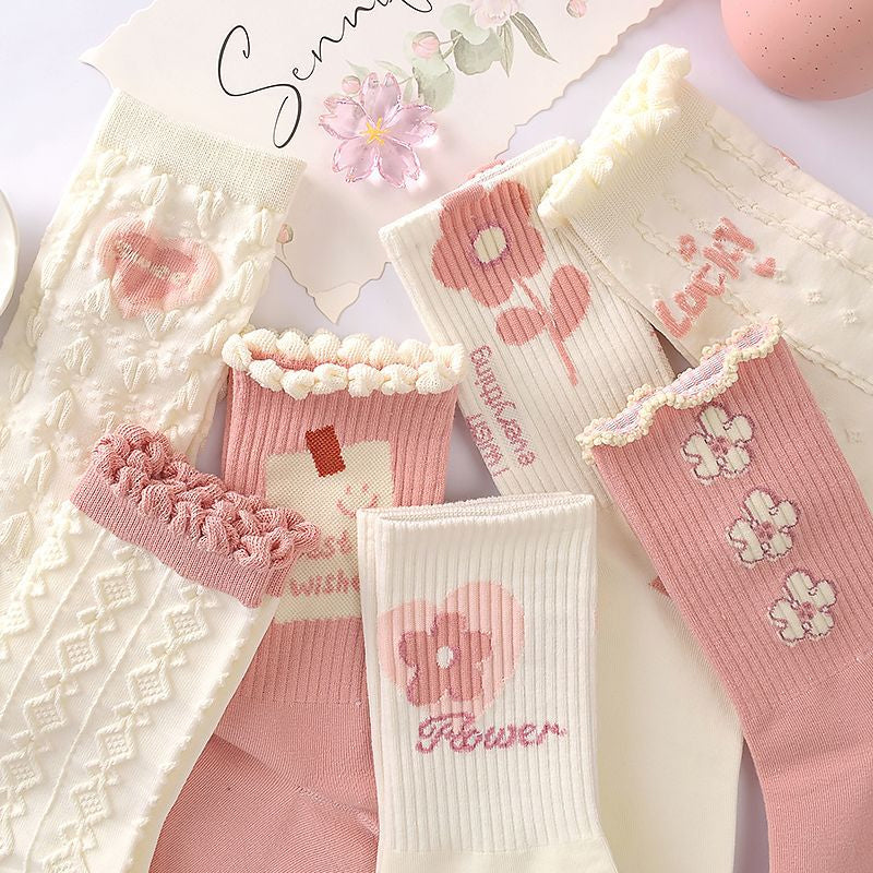 Cute Flower Crew Pink Socks For Girls