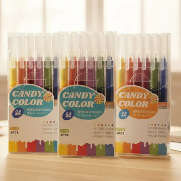 6-Color Candy Color Gel Pen Set – 0.5mm Straight Liquid Ink Pens for School & Journaling