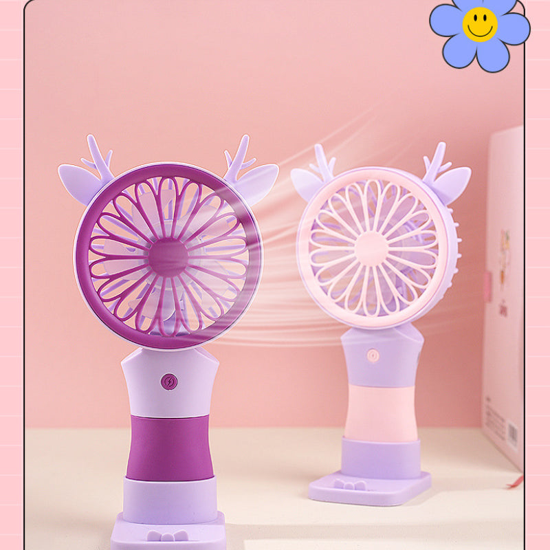 Cute Rechargeable Deer Mini Handheld Fan with Phone Stand – Portable Summer Desk Fan
