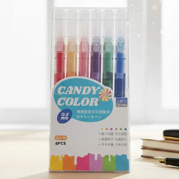6-Color Candy Color Gel Pen Set – 0.5mm Straight Liquid Ink Pens for School & Journaling