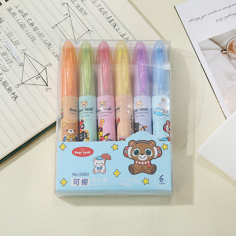 Set of 6 Bear Taidi Markers Fat Nip Erasable Highlighter