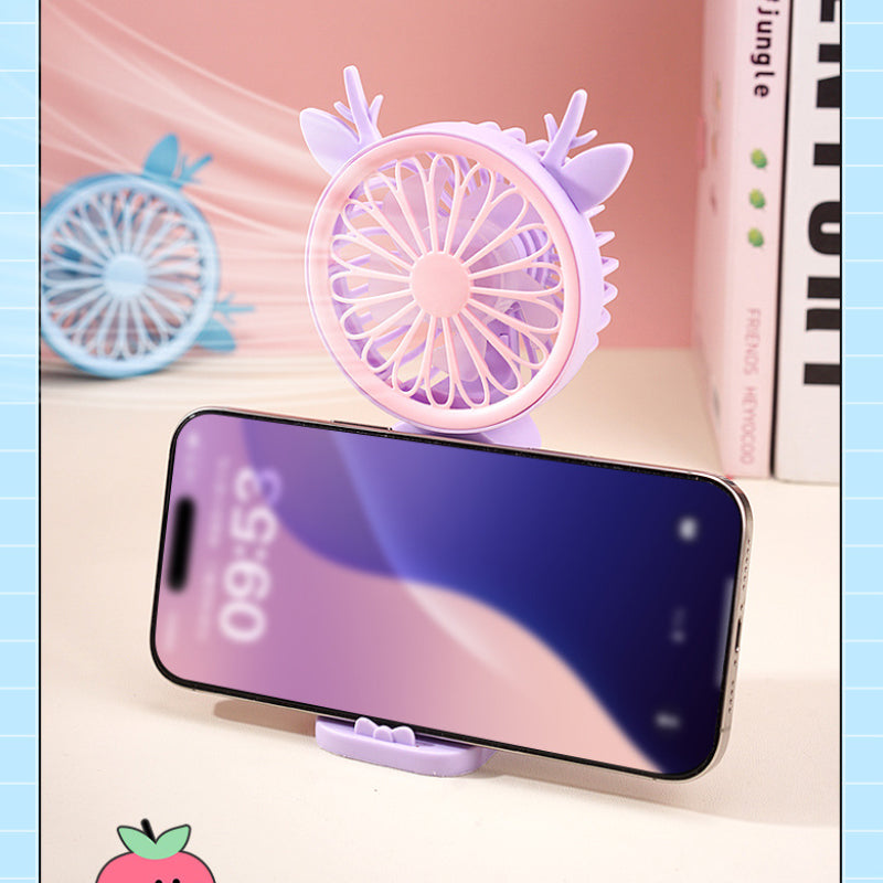 Cute Rechargeable Deer Mini Handheld Fan with Phone Stand – Portable Summer Desk Fan