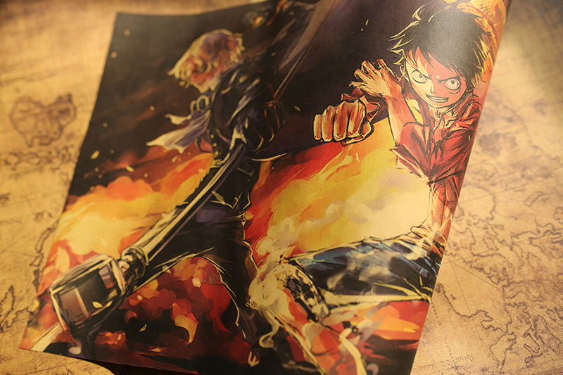 One Piece Luffy Ace Sabo Retro Kraft Paper Poster
