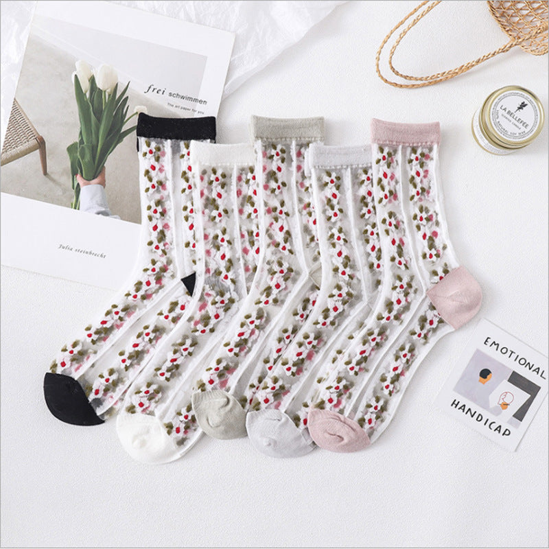 Set of 5 Summer Elastic Crystal Ice Long Crew Socks