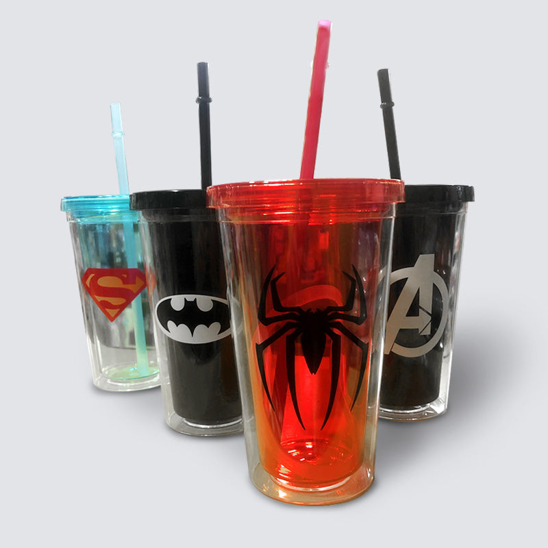 Superhero's Transparent Straw Double Layer Plastic Glass