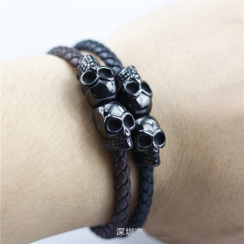 Vintage Hyperbole Black Braided Skull Leather Bracelets