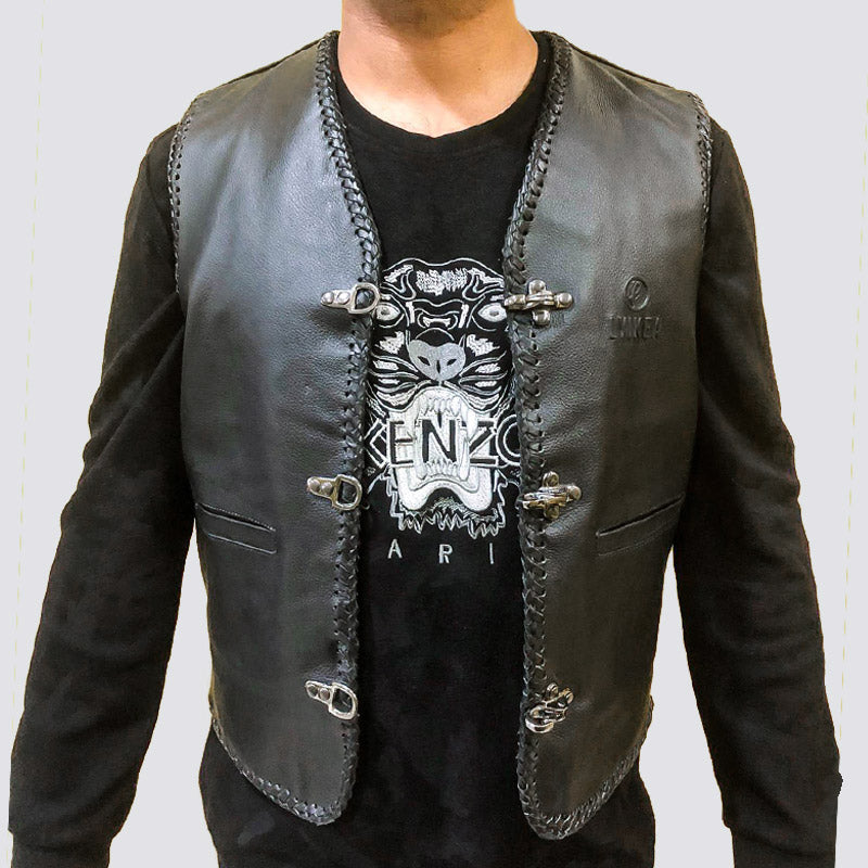 Original Leather Sleeveless Buckle Vests Jacket