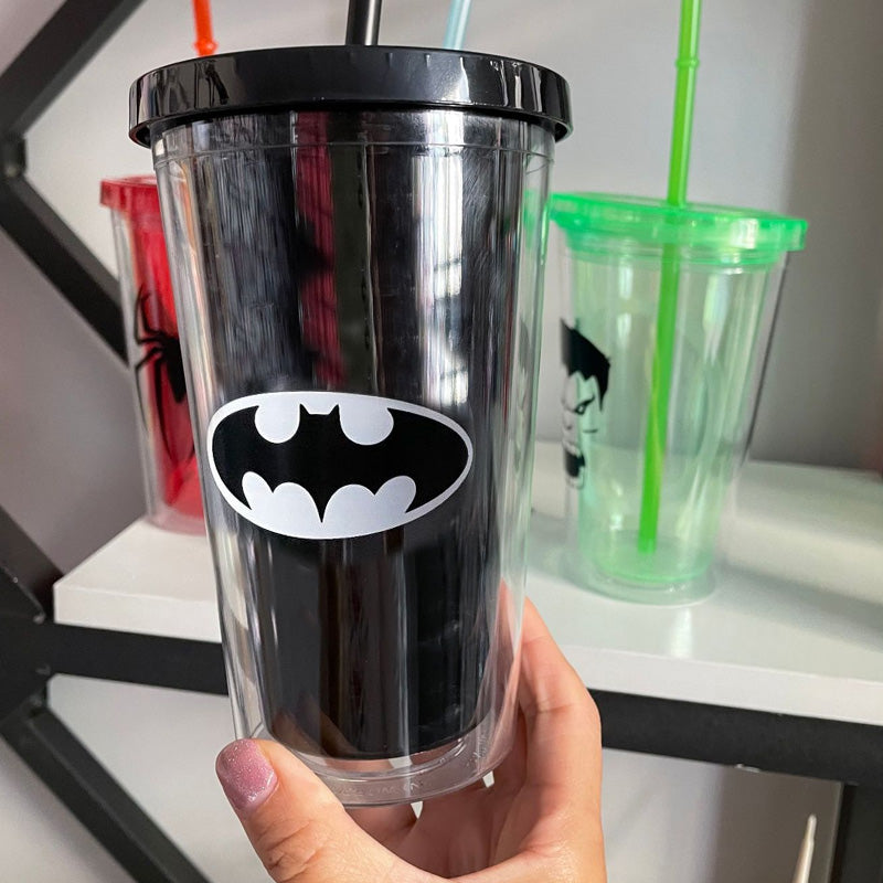 Superhero's Transparent Straw Double Layer Plastic Glass