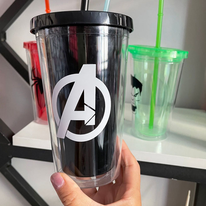 Superhero's Transparent Straw Double Layer Plastic Glass