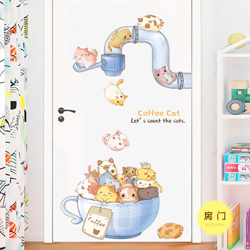 Cute Coffee Cat Wall and Door Stickers For Kids