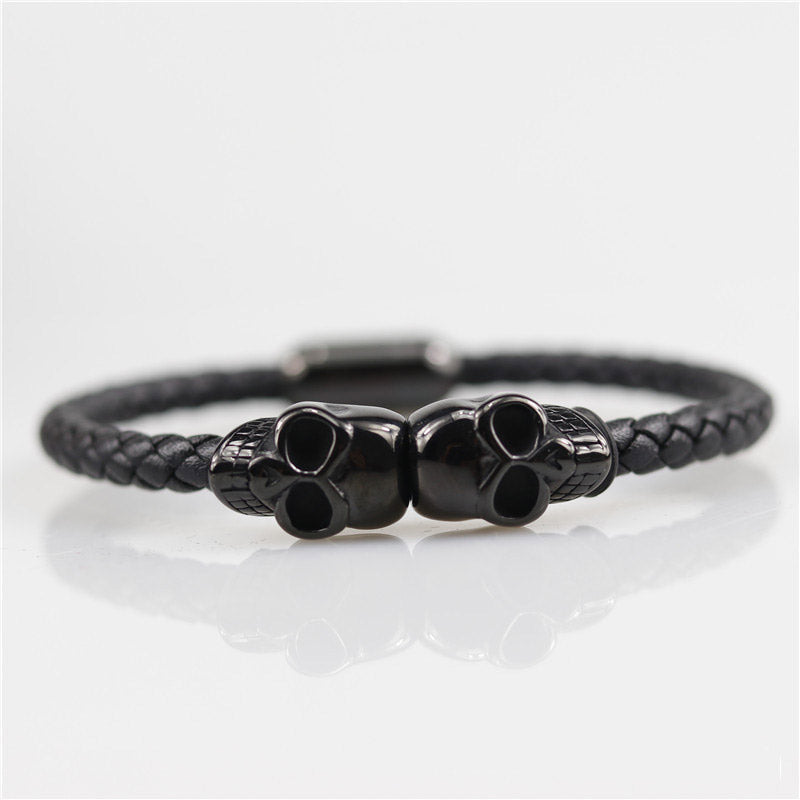 Vintage Hyperbole Black Braided Skull Leather Bracelets