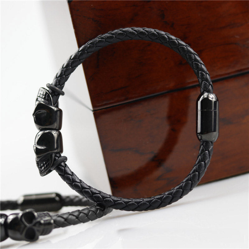 Vintage Hyperbole Black Braided Skull Leather Bracelets