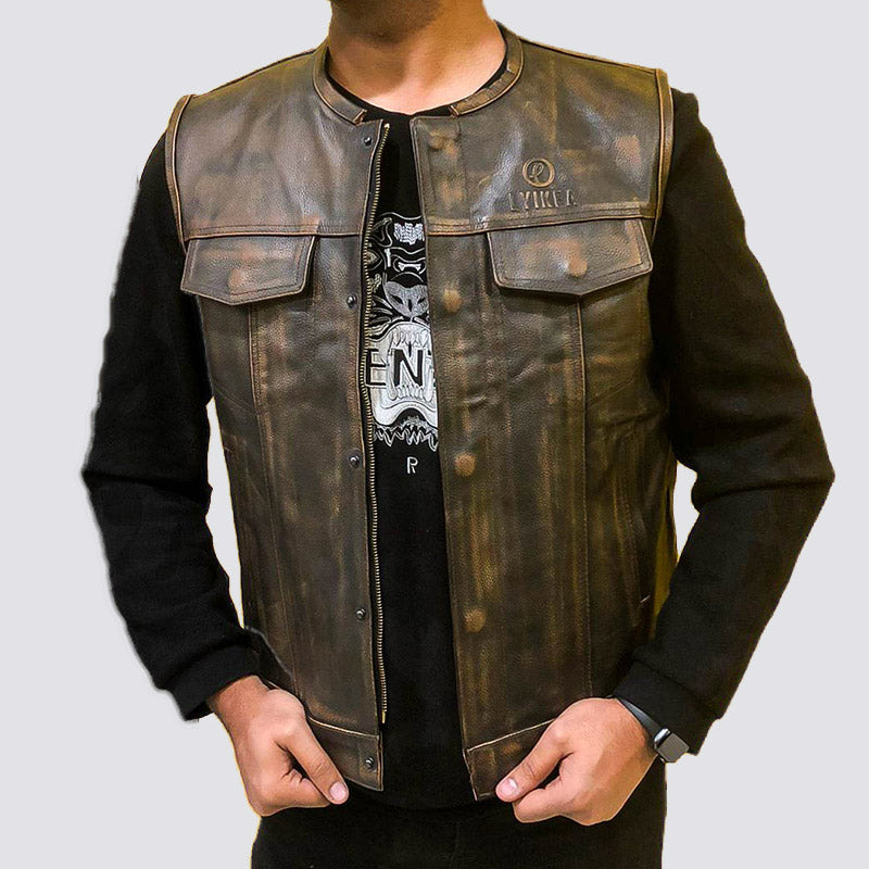 Genuine Brown Leather Vests Zipper Jacket