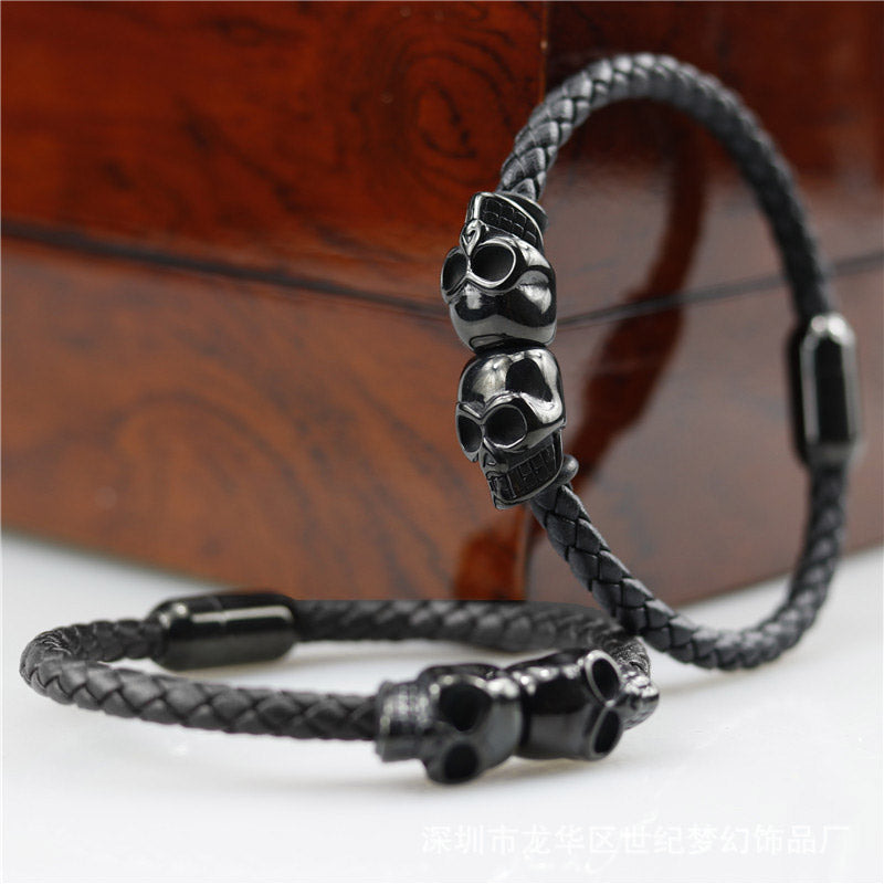 Vintage Hyperbole Black Braided Skull Leather Bracelets