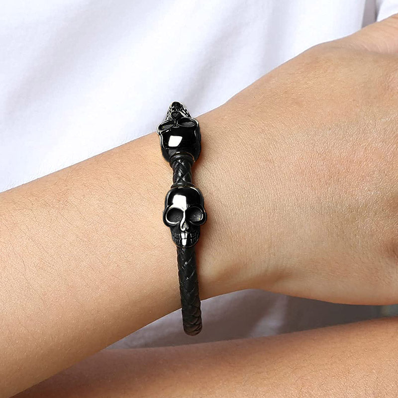 Vintage Hyperbole Black Braided Skull Leather Bracelets