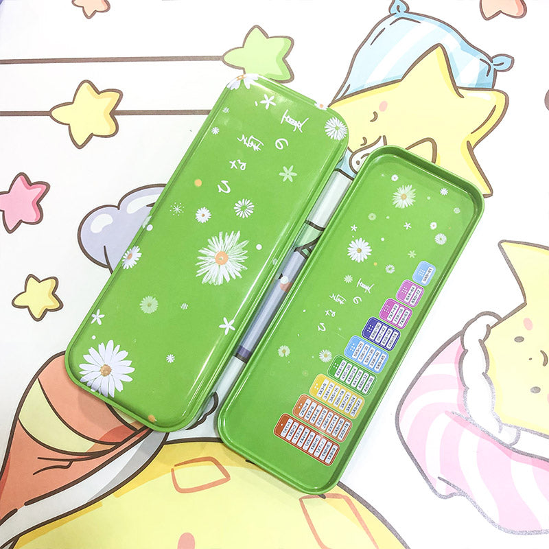 Flower Print Double Storage Metal Pencil Box