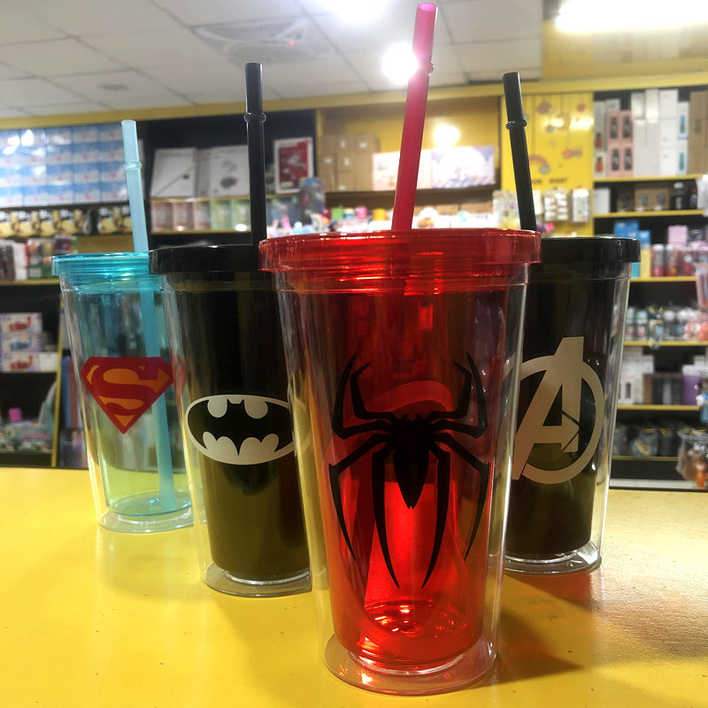 Superhero's Transparent Straw Double Layer Plastic Glass