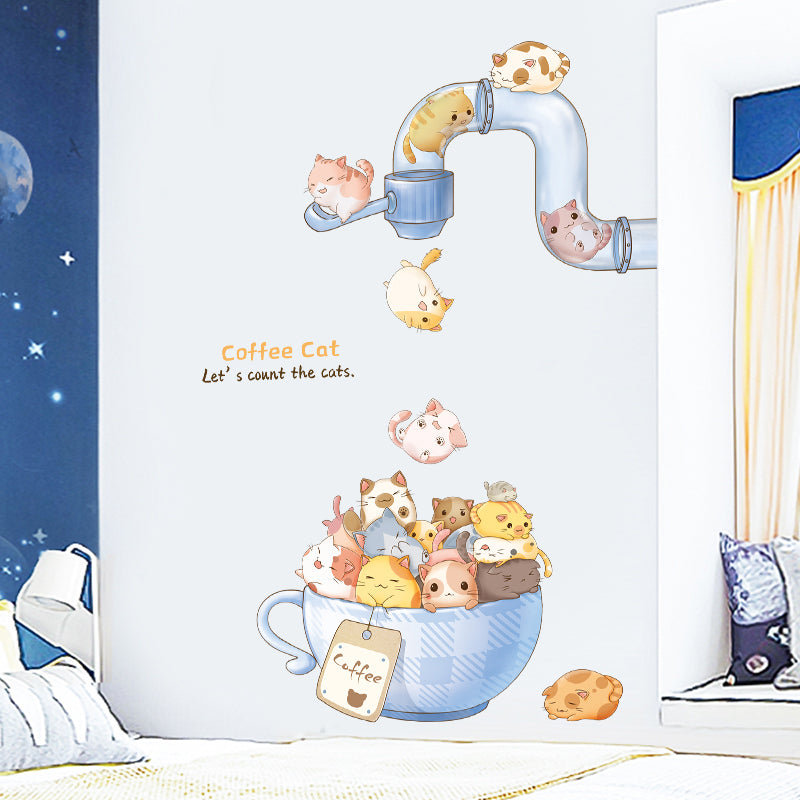 Cute Coffee Cat Wall and Door Stickers For Kids