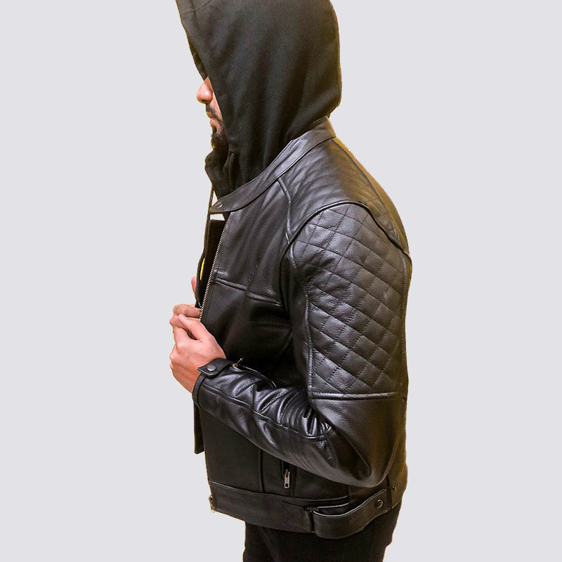Genuine Cow Leather Black Zipper Jacket with Hood