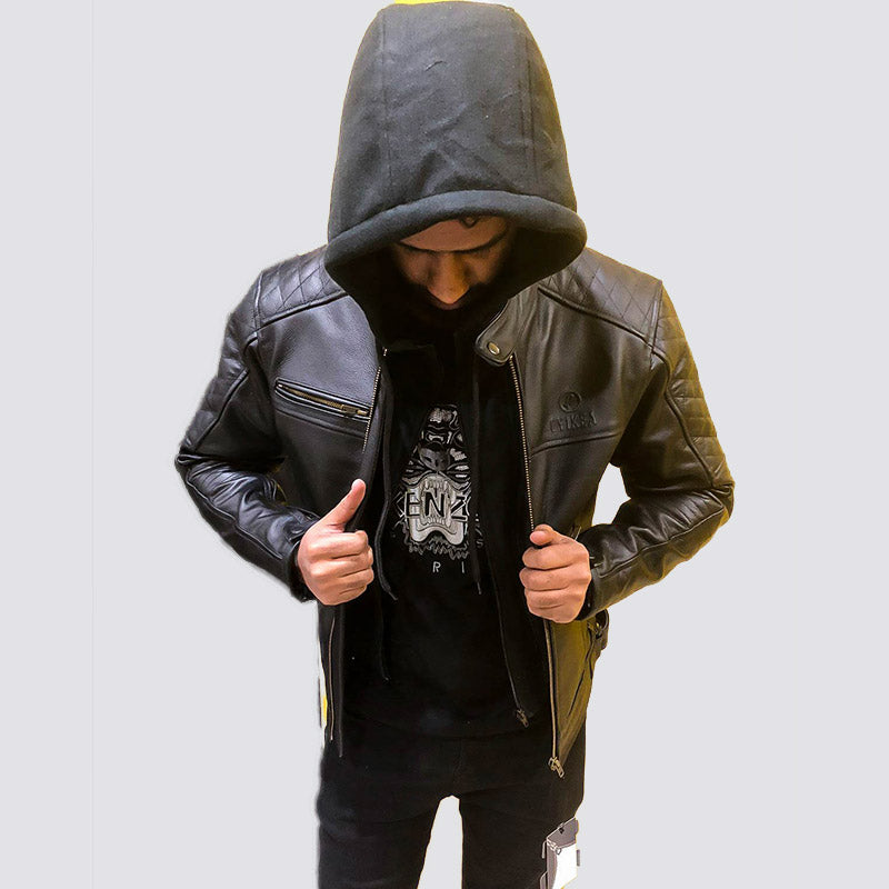 Genuine Cow Leather Black Zipper Jacket with Hood