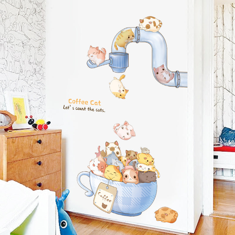 Cute Coffee Cat Wall and Door Stickers For Kids