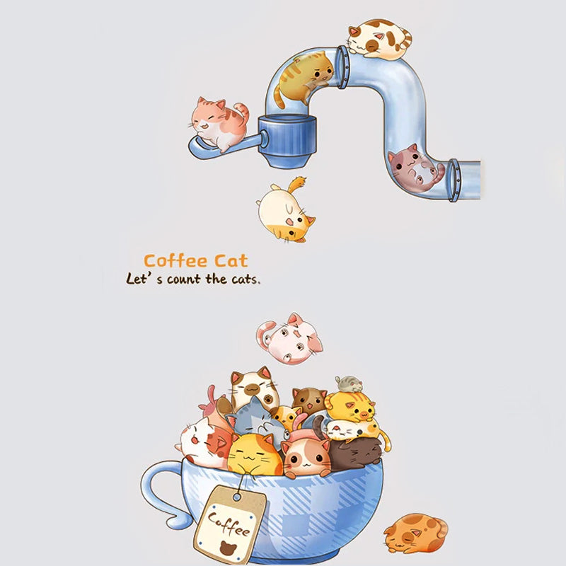 Cute Coffee Cat Wall and Door Stickers For Kids